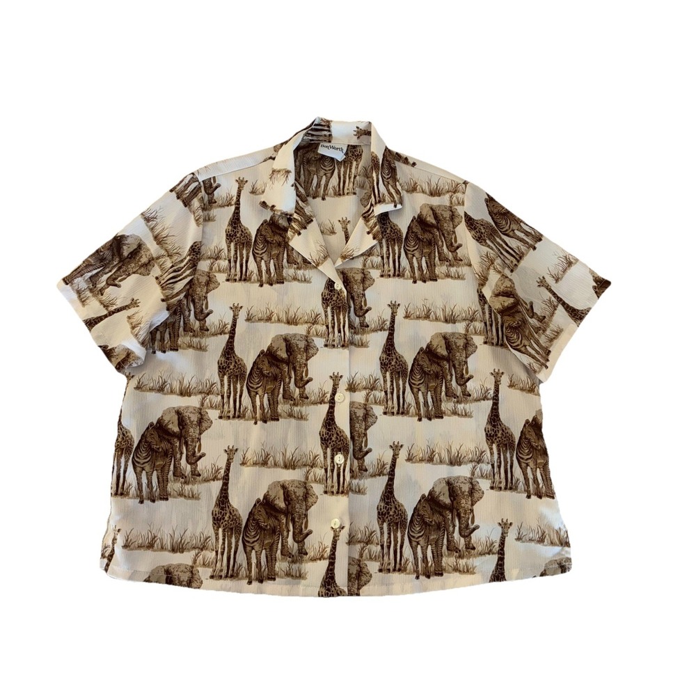 Vintage BonWorth Shirt Women's M Petite Ivory Safari Animals Relaxed 90s